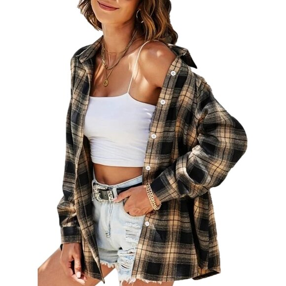 Women Flannel Buffalo Plaid Shirt Cotton Polyester Oversized Button Down - Picture 1 of 5